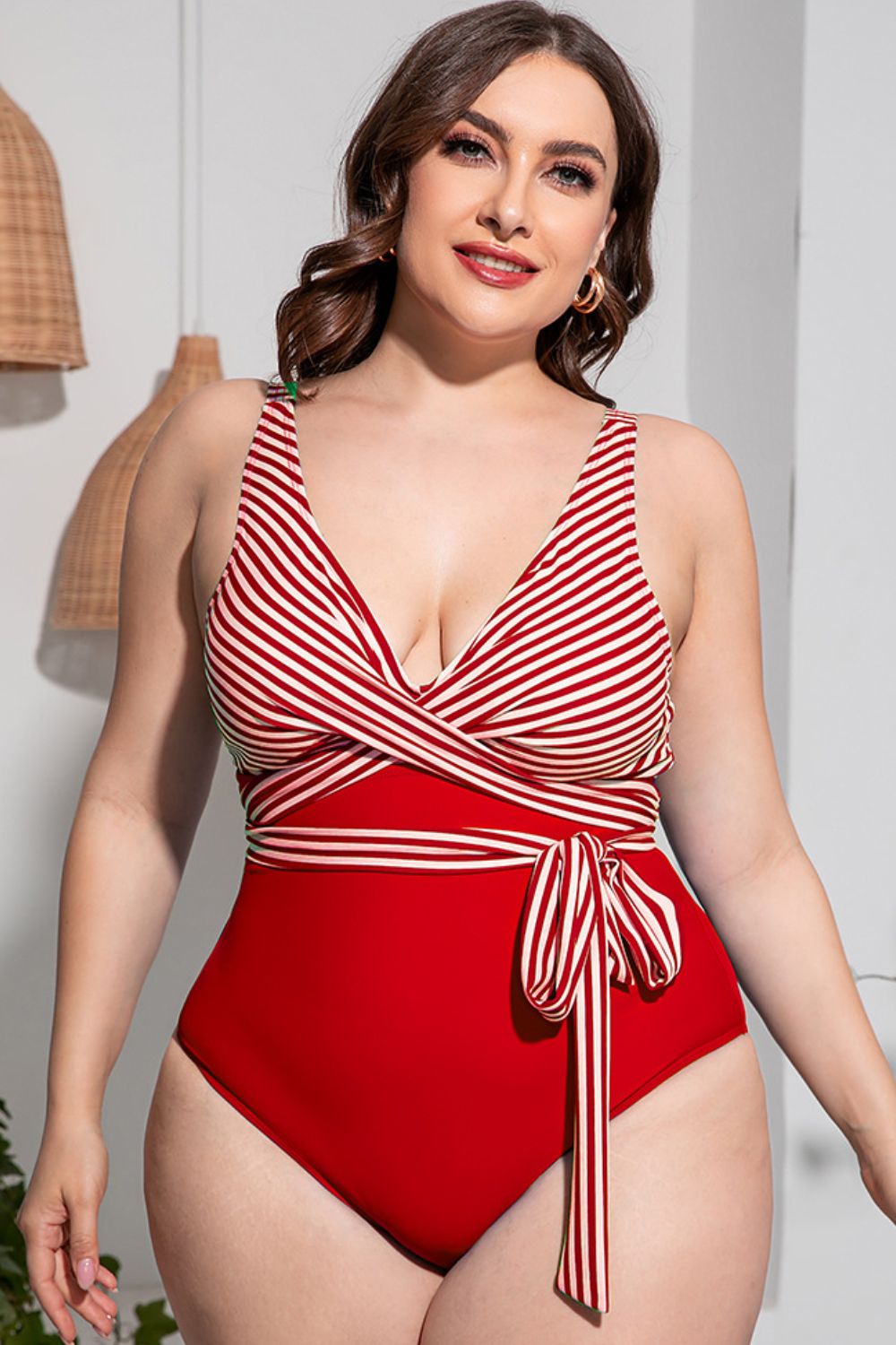 Plus Size Striped Tie-Waist One-Piece Swimsuit - Red / L - Women’s Clothing & Accessories - Swimwear - 9 - 2024