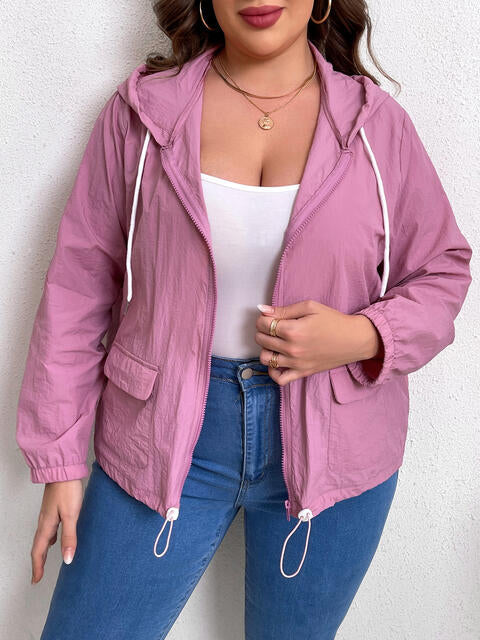Plus Size Zip-Up Drawstring Hooded Jacket with Pockets - Moonlit Mauve / 1XL - Women’s Clothing & Accessories - Coats