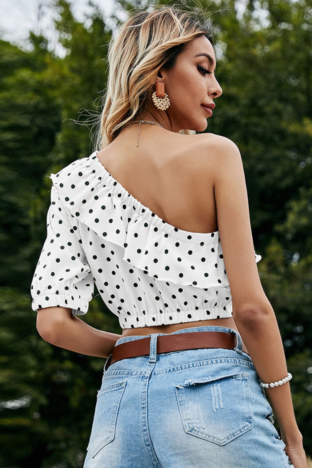 Polka Dot One-Shoulder Ruffled Crop Top - Women’s Clothing & Accessories - Shirts & Tops - 8 - 2024
