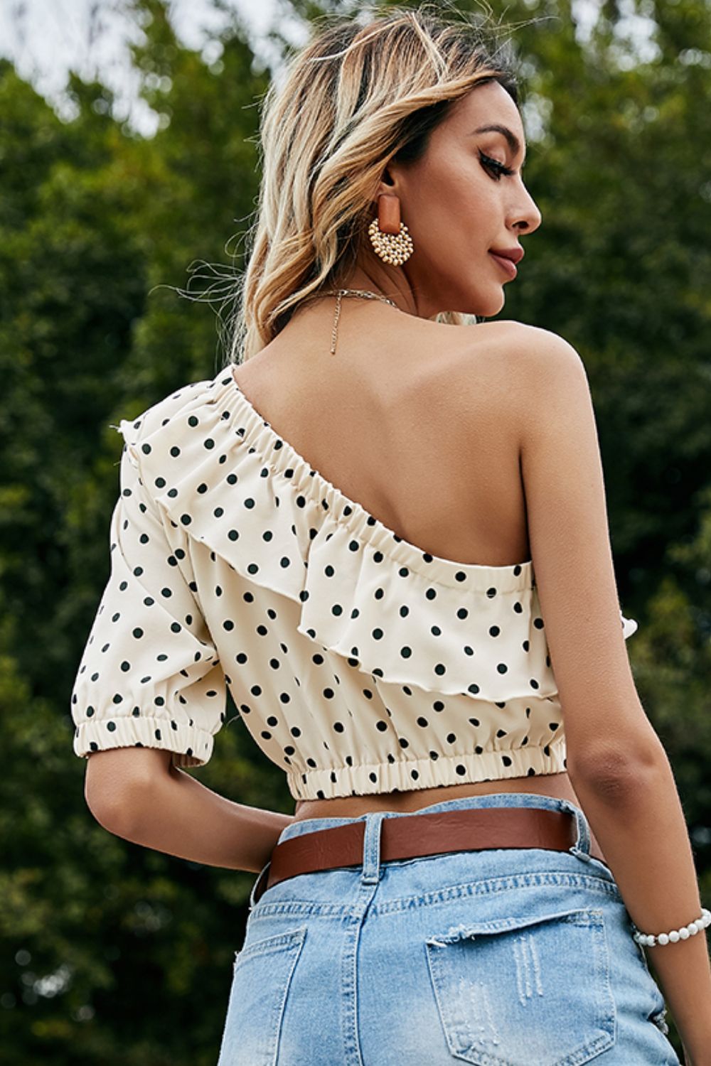 Polka Dot One-Shoulder Ruffled Crop Top - Women’s Clothing & Accessories - Shirts & Tops - 2 - 2024