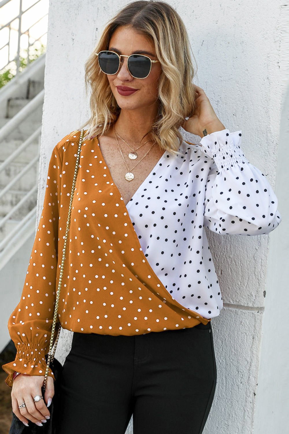 Polka Dot Surplice Neck Lantern Sleeve Blouse - Orange / S - Women’s Clothing & Accessories - Shirts & Tops - 1 - 2024