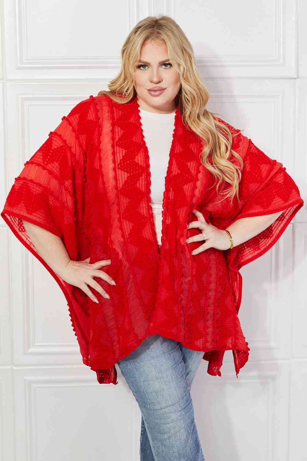 Pom-Pom Asymmetrical Poncho Cardigan in Red - Red / One Size - Women’s Clothing & Accessories - Outerwear - 3 - 2024