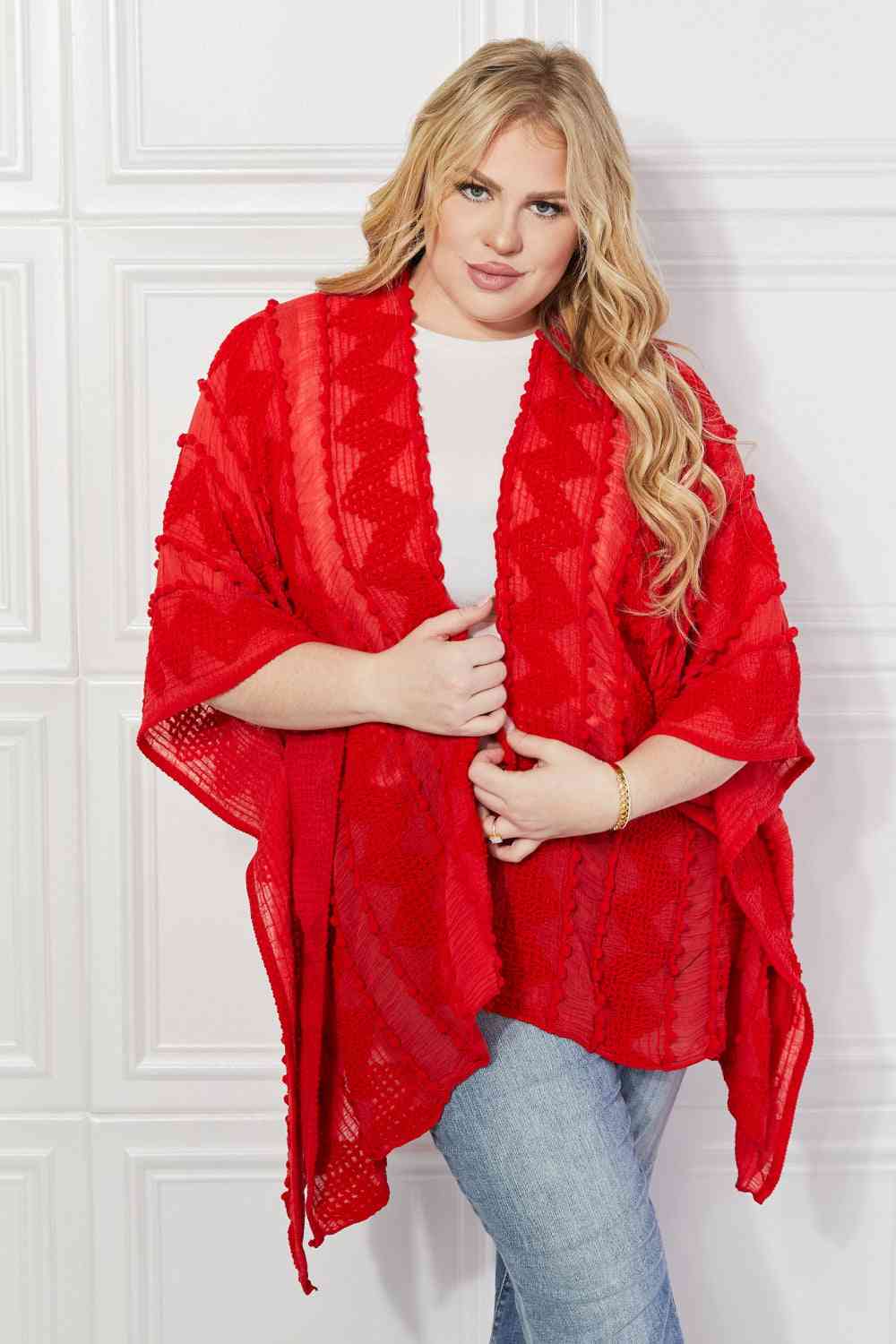 Pom-Pom Asymmetrical Poncho Cardigan in Red - Red / One Size - Women’s Clothing & Accessories - Outerwear - 1 - 2024