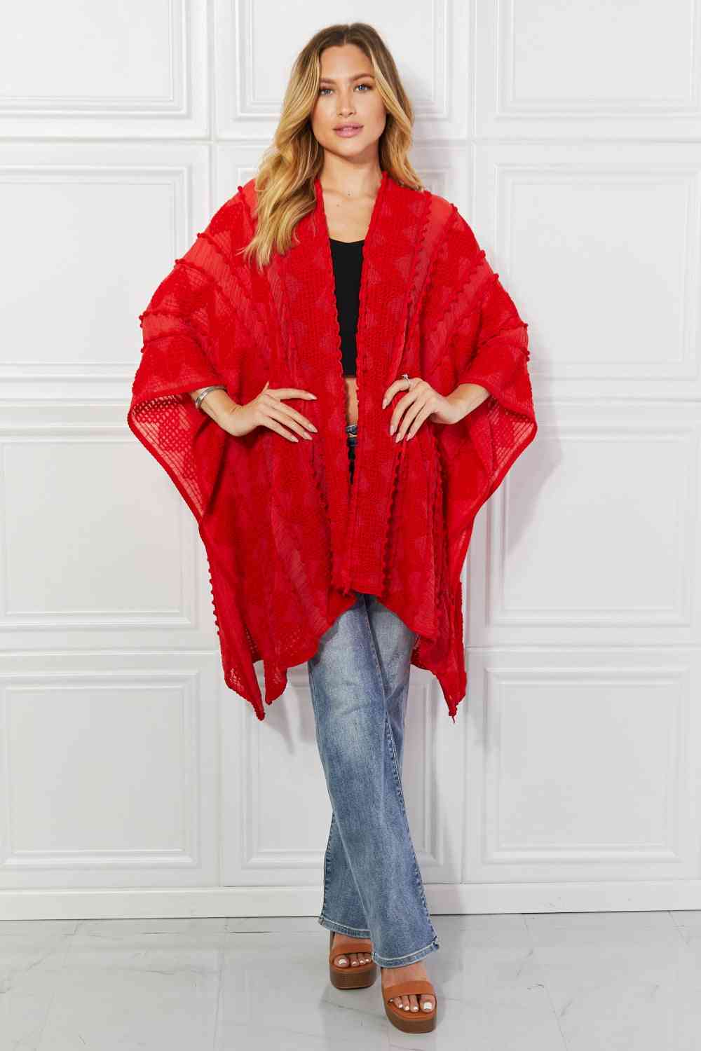 Pom-Pom Asymmetrical Poncho Cardigan in Red - Red / One Size - Women’s Clothing & Accessories - Outerwear - 11 - 2024
