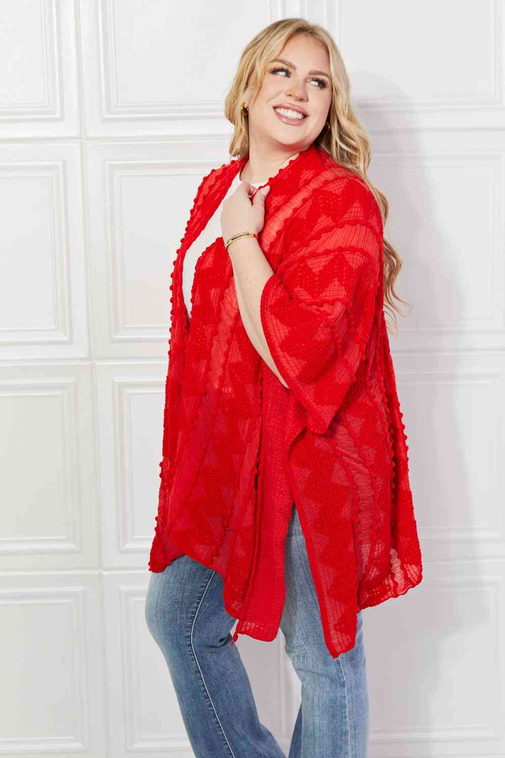 Pom-Pom Asymmetrical Poncho Cardigan in Red - Red / One Size - Women’s Clothing & Accessories - Outerwear - 4 - 2024