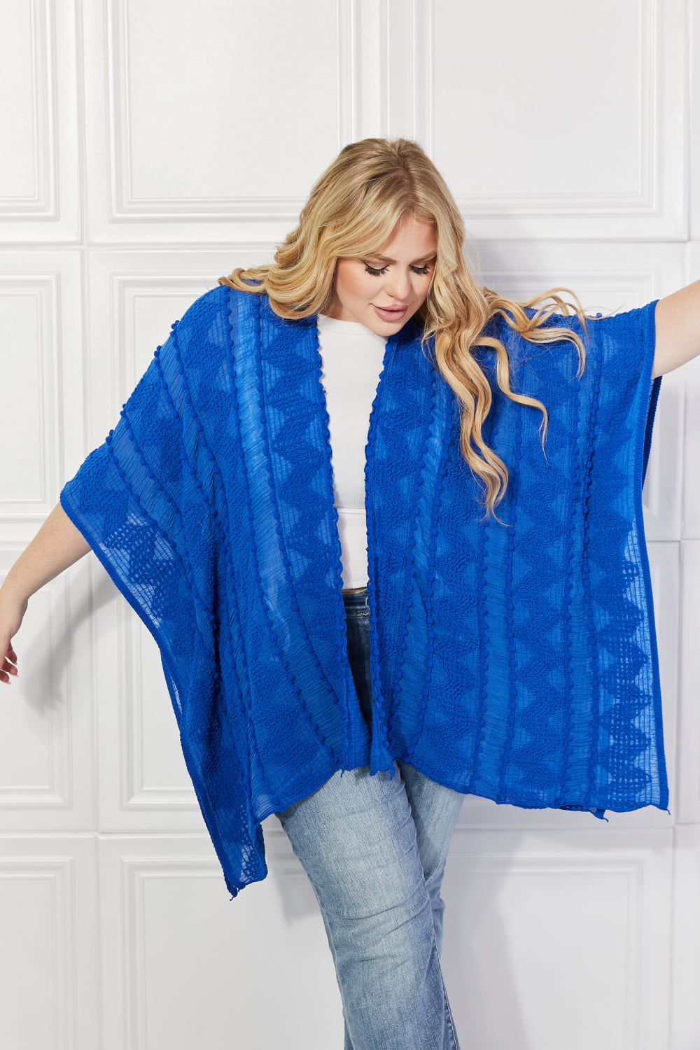 Pom-Pom Asymmetrical Poncho Cardigan in Blue - Blue / One Size - Women’s Clothing & Accessories - Outerwear - 7 - 2024