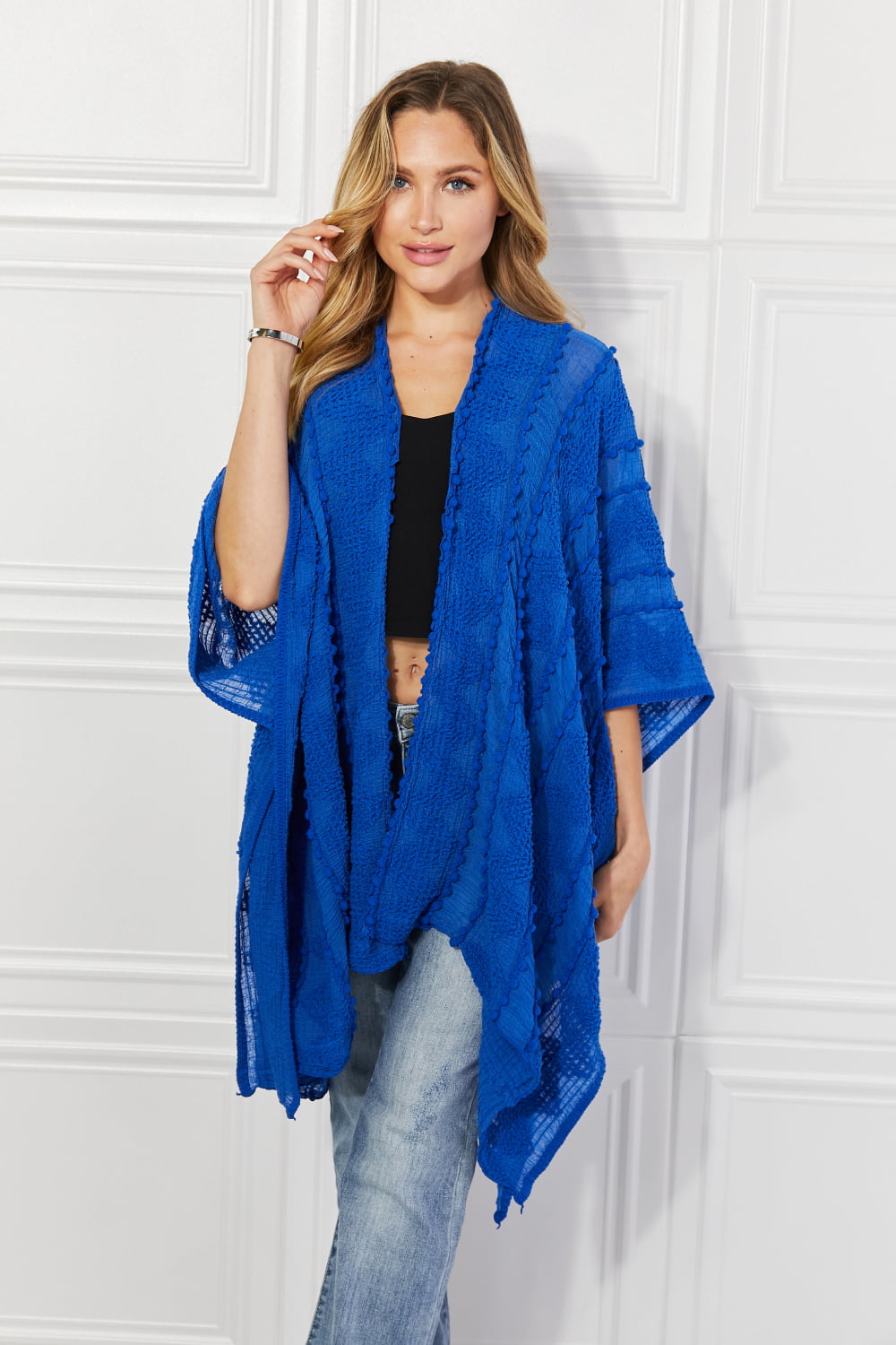 Pom-Pom Asymmetrical Poncho Cardigan in Blue - Blue / One Size - Women’s Clothing & Accessories - Outerwear - 3 - 2024
