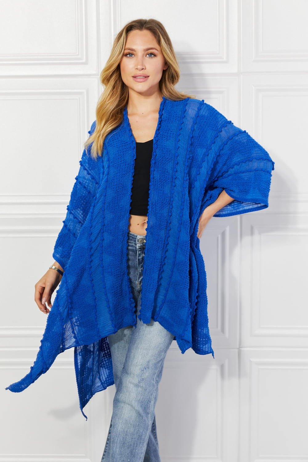 Pom-Pom Asymmetrical Poncho Cardigan in Blue - Blue / One Size - Women’s Clothing & Accessories - Outerwear - 1 - 2024