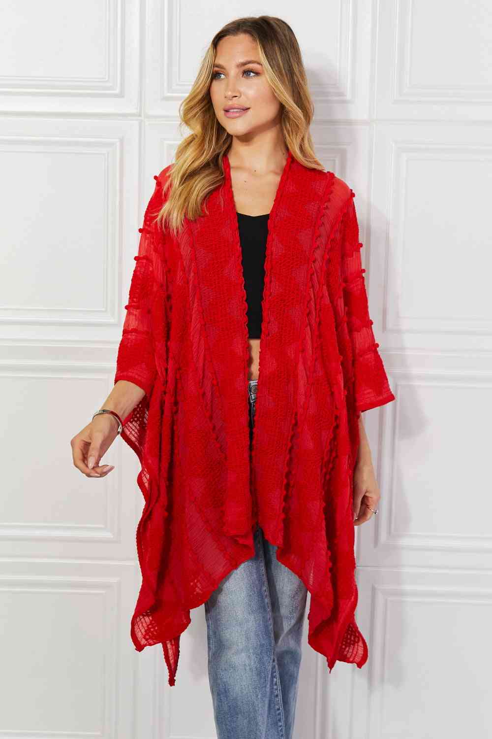 Pom-Pom Asymmetrical Poncho Cardigan in Red - Red / One Size - Women’s Clothing & Accessories - Outerwear - 8 - 2024