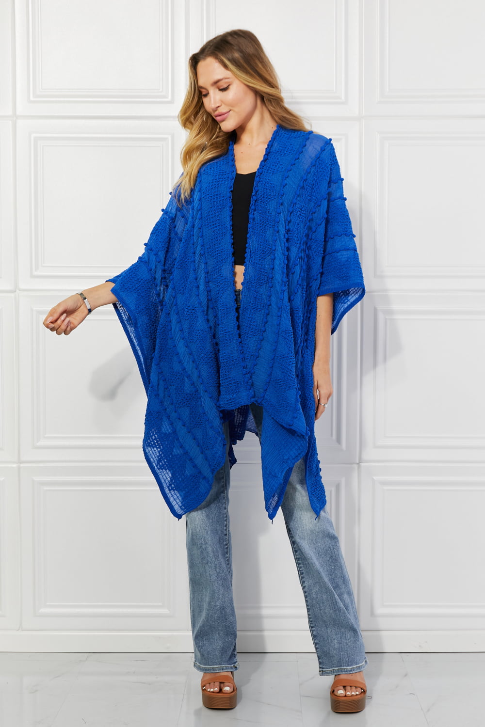 Pom-Pom Asymmetrical Poncho Cardigan in Blue - Blue / One Size - Women’s Clothing & Accessories - Outerwear - 5 - 2024