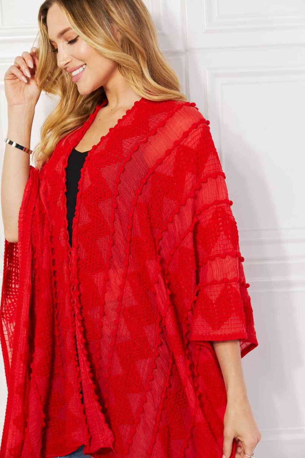 Pom-Pom Asymmetrical Poncho Cardigan in Red - Red / One Size - Women’s Clothing & Accessories - Outerwear - 12 - 2024