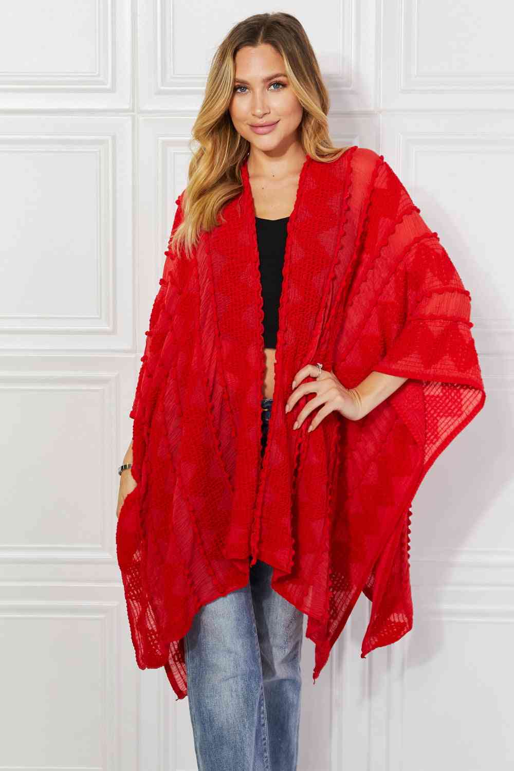 Pom-Pom Asymmetrical Poncho Cardigan in Red - Red / One Size - Women’s Clothing & Accessories - Outerwear - 7 - 2024