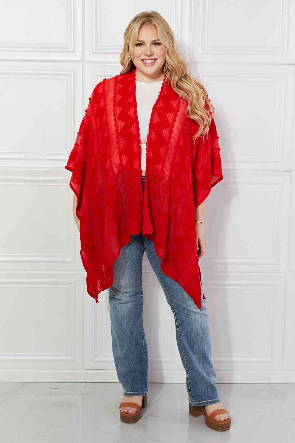 Pom-Pom Asymmetrical Poncho Cardigan in Red - Red / One Size - Women’s Clothing & Accessories - Outerwear - 5 - 2024