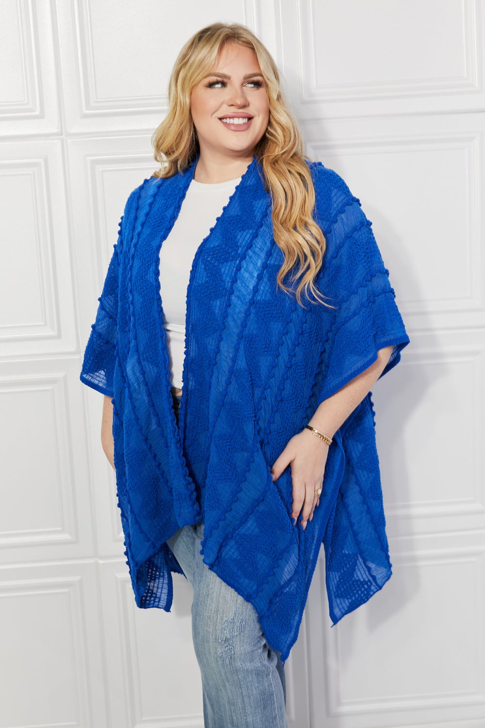 Pom-Pom Asymmetrical Poncho Cardigan in Blue - Blue / One Size - Women’s Clothing & Accessories - Outerwear - 8 - 2024