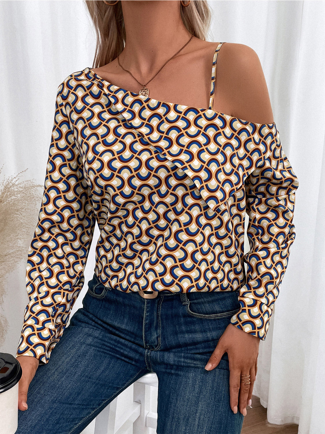 Printed Asymmetrical Neck Long Sleeve Top - Women’s Clothing & Accessories - Shirts & Tops - 3 - 2024