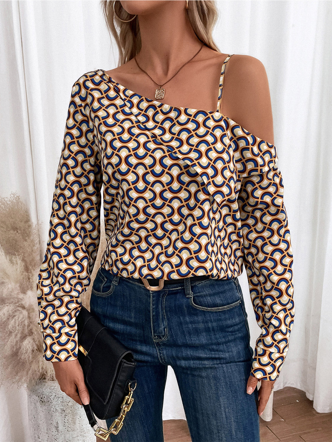 Printed Asymmetrical Neck Long Sleeve Top - Camel / S - Women’s Clothing & Accessories - Shirts & Tops - 1 - 2024