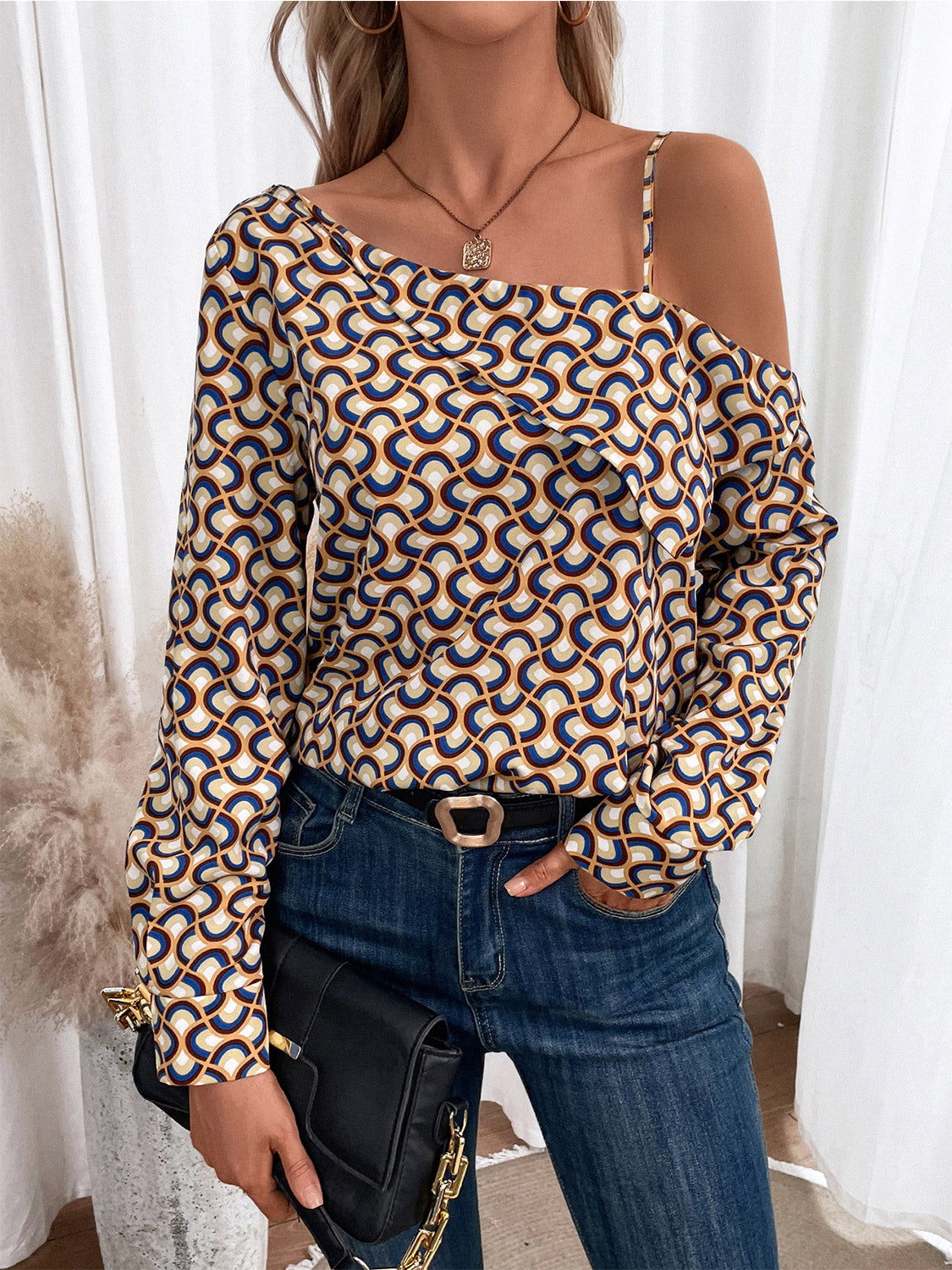 Printed Asymmetrical Neck Long Sleeve Top - Women’s Clothing & Accessories - Shirts & Tops - 5 - 2024