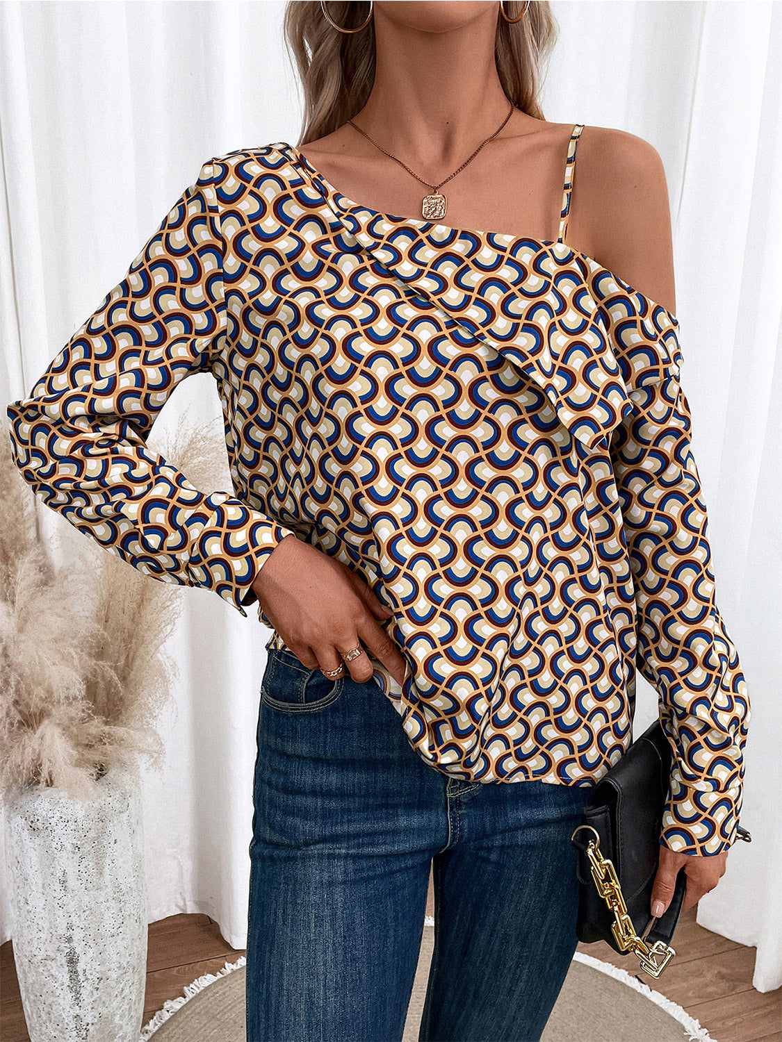 Printed Asymmetrical Neck Long Sleeve Top - Women’s Clothing & Accessories - Shirts & Tops - 6 - 2024