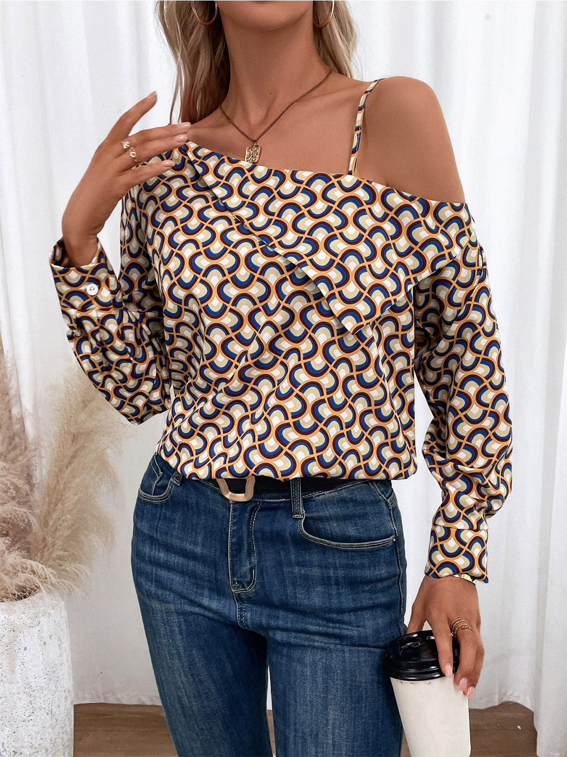 Printed Asymmetrical Neck Long Sleeve Top - Women’s Clothing & Accessories - Shirts & Tops - 4 - 2024