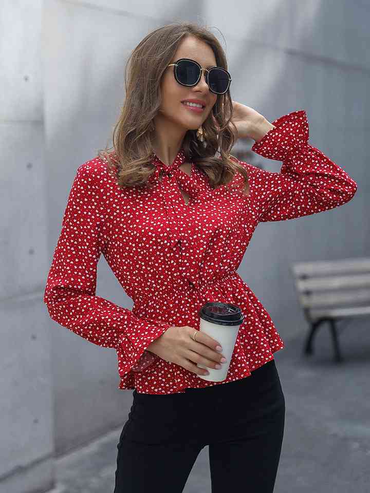 Printed Flounce Sleeve Peplum Blouse - Deep Red / XS - Women’s Clothing & Accessories - Shirts & Tops - 1 - 2024