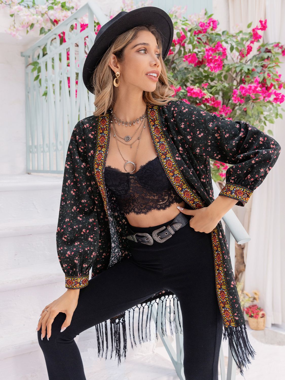 Printed Fringe Detail Cardigan - Women’s Clothing & Accessories - Shirts & Tops - 4 - 2024