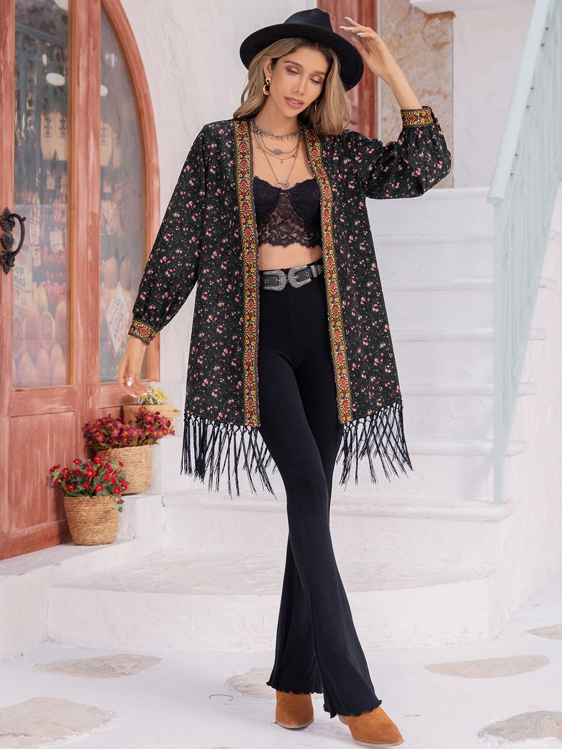 Printed Fringe Detail Cardigan - Women’s Clothing & Accessories - Shirts & Tops - 6 - 2024