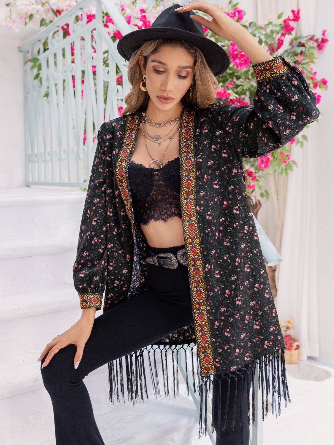 Printed Fringe Detail Cardigan - Floral / S - Women’s Clothing & Accessories - Shirts & Tops - 1 - 2024