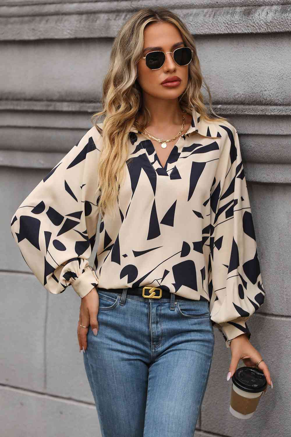 Printed Johnny Collar Blouse - Cream / S - Women’s Clothing & Accessories - Shirts & Tops - 1 - 2024