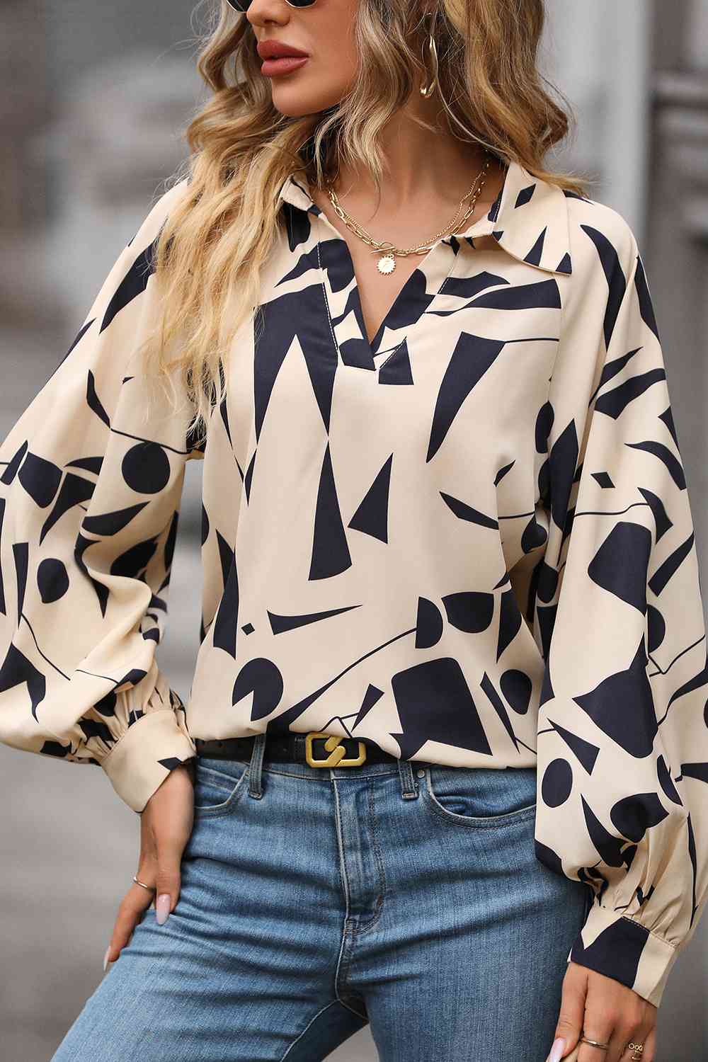 Printed Johnny Collar Blouse - Women’s Clothing & Accessories - Shirts & Tops - 3 - 2024
