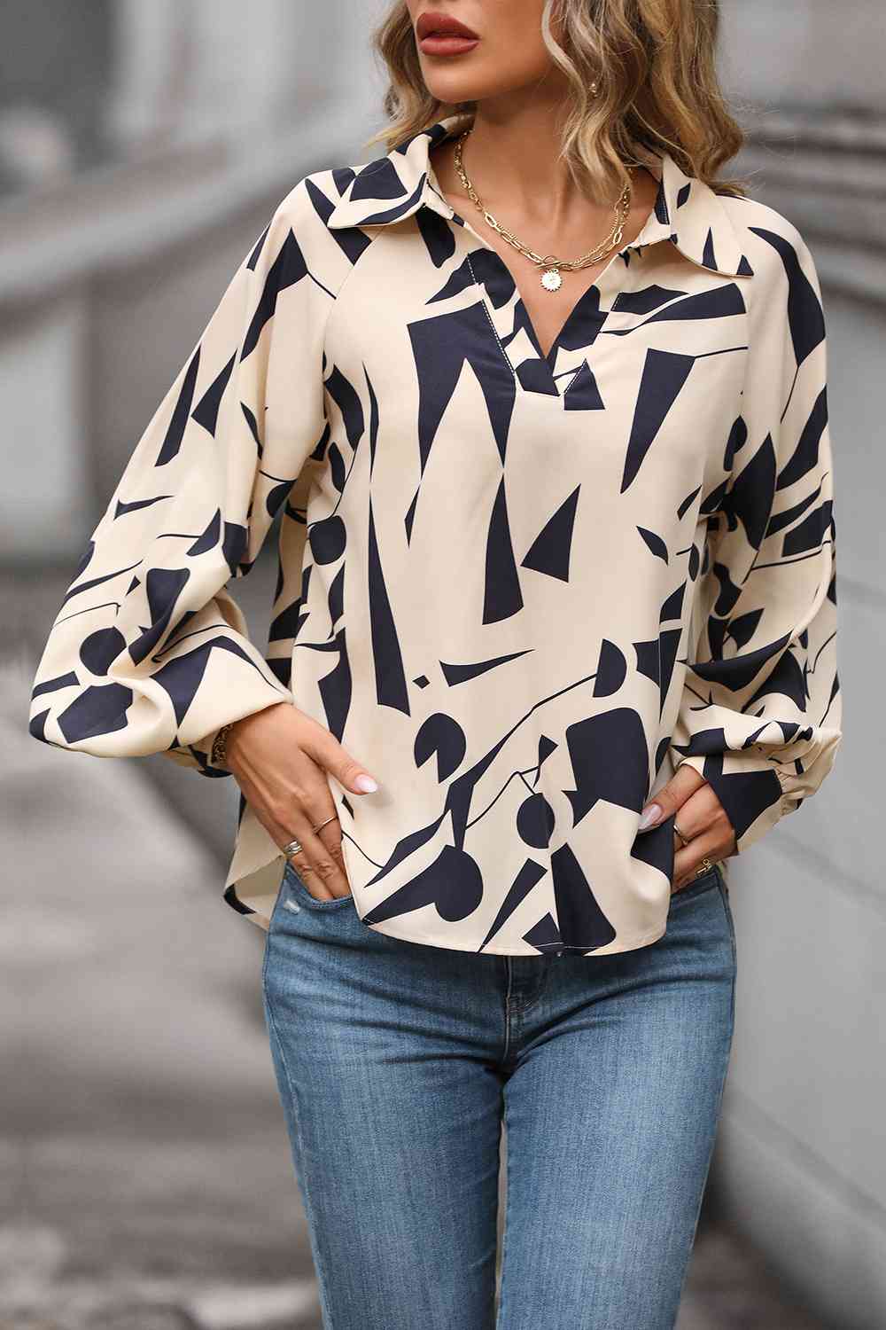 Printed Johnny Collar Blouse - Women’s Clothing & Accessories - Shirts & Tops - 4 - 2024