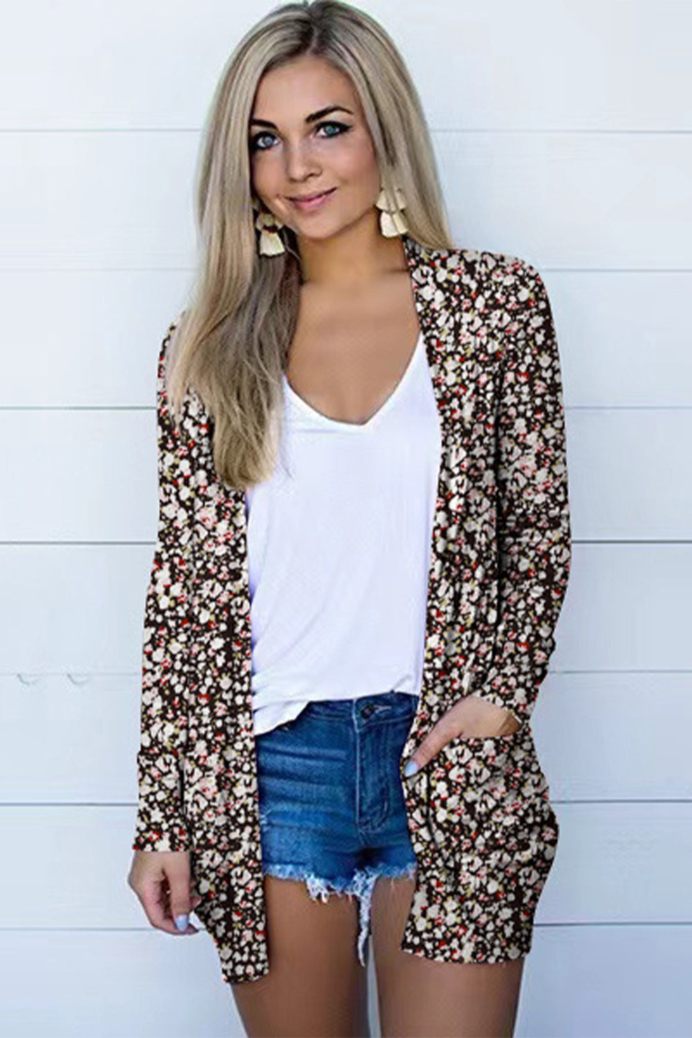 Printed Long Sleeve Cardigan - Black / S - Women’s Clothing & Accessories - Shirts & Tops - 7 - 2024