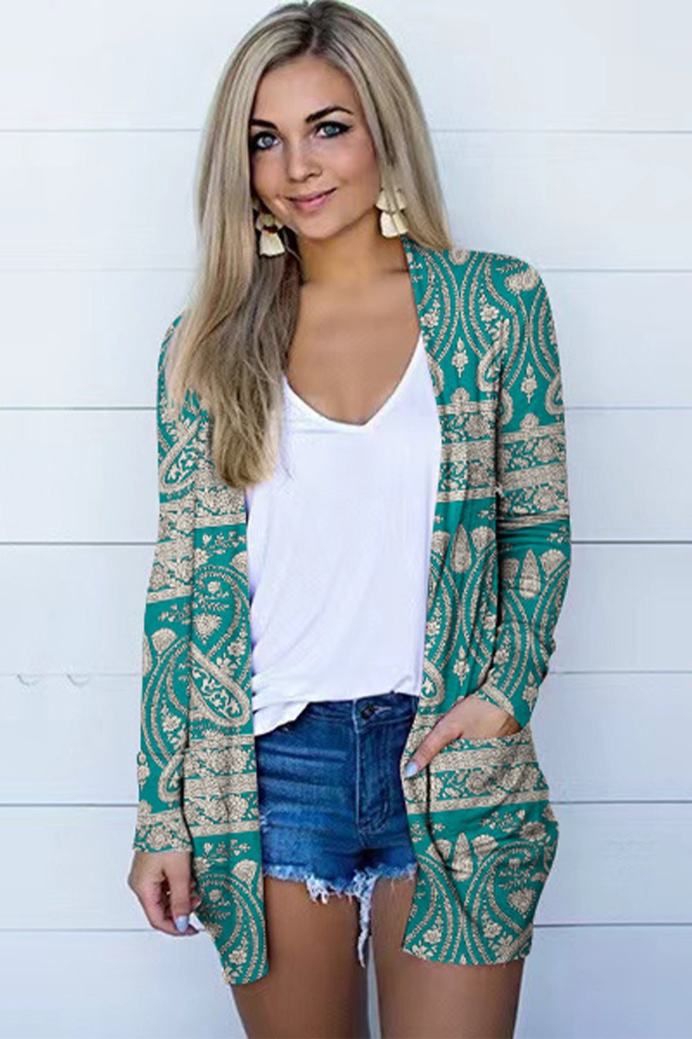 Printed Long Sleeve Cardigan - Teal / S - Women’s Clothing & Accessories - Shirts & Tops - 1 - 2024