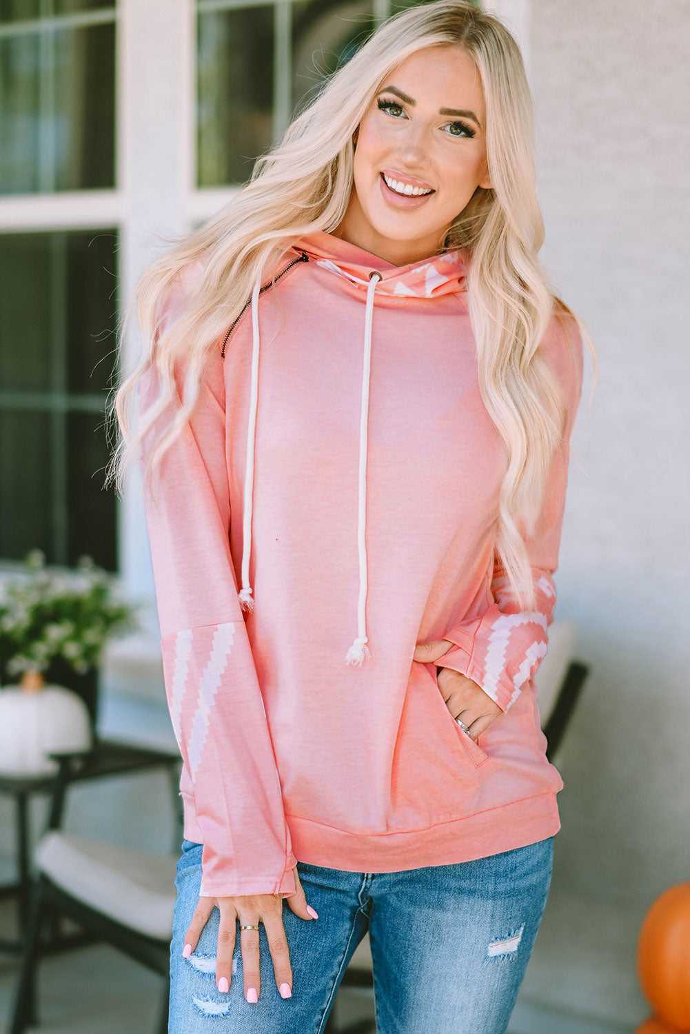 Printed Long Sleeve Hoodie with Pocket - Pink / S - Women’s Clothing & Accessories - Shirts & Tops - 5 - 2024