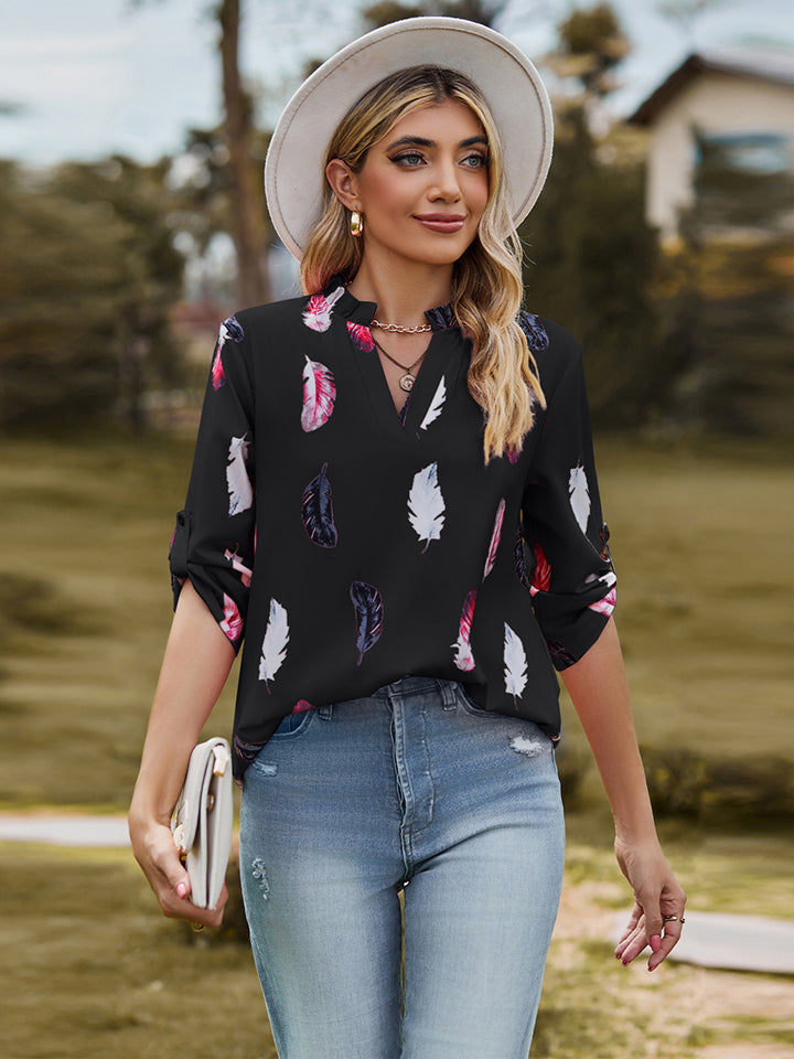Printed Roll-Tab Sleeve Notched Neck Blouse - Black / S - Women’s Clothing & Accessories - Shirts & Tops - 9 - 2024