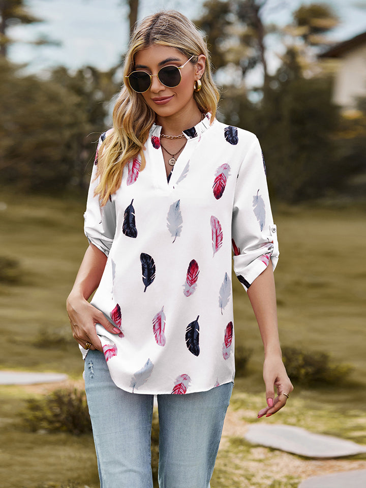 Printed Roll-Tab Sleeve Notched Neck Blouse - Women’s Clothing & Accessories - Shirts & Tops - 6 - 2024