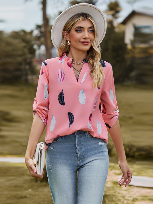 Printed Roll-Tab Sleeve Notched Neck Blouse - Pink / S - Women’s Clothing & Accessories - Shirts & Tops - 1 - 2024