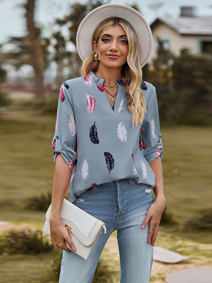 Printed Roll-Tab Sleeve Notched Neck Blouse - Blue / S - Women’s Clothing & Accessories - Shirts & Tops - 5 - 2024