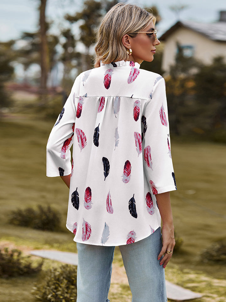 Printed Roll-Tab Sleeve Notched Neck Blouse - Women’s Clothing & Accessories - Shirts & Tops - 8 - 2024