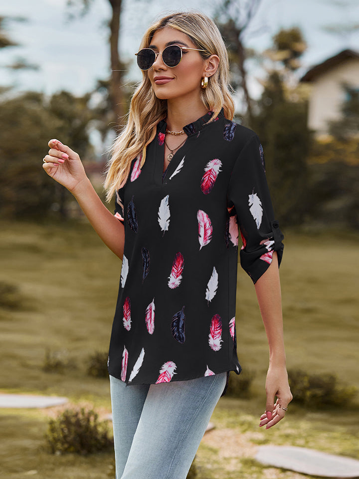 Printed Roll-Tab Sleeve Notched Neck Blouse - Women’s Clothing & Accessories - Shirts & Tops - 11 - 2024