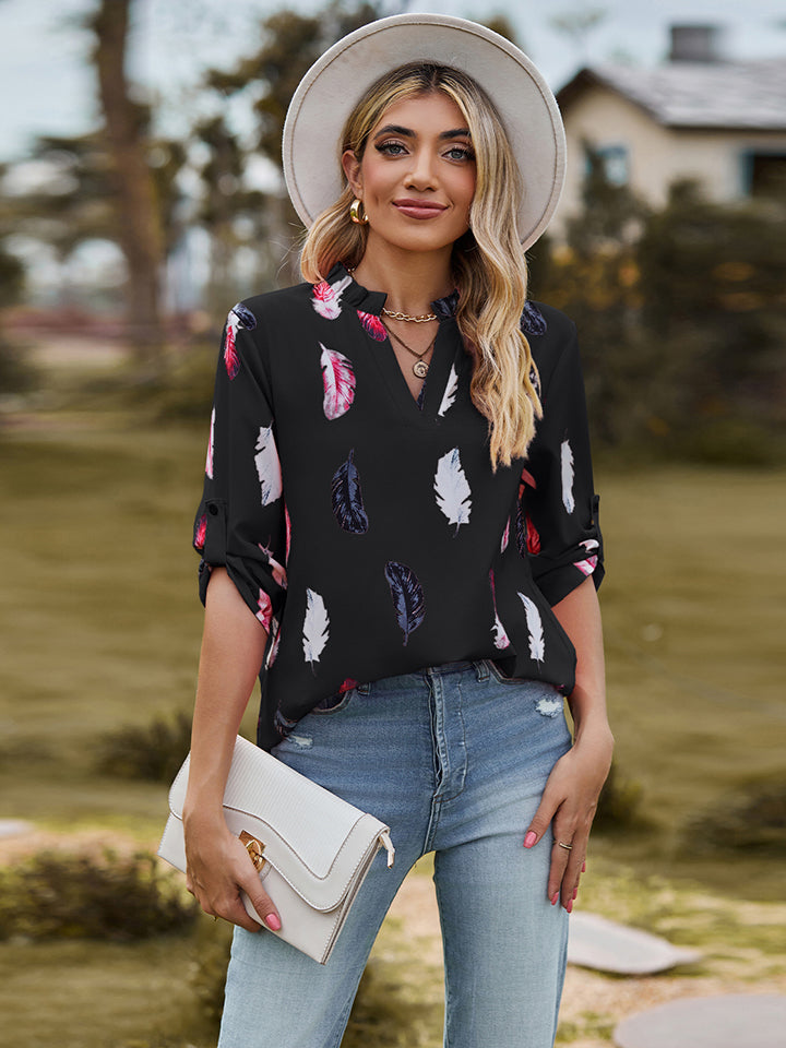 Printed Roll-Tab Sleeve Notched Neck Blouse - Women’s Clothing & Accessories - Shirts & Tops - 10 - 2024