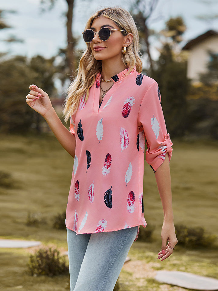 Printed Roll-Tab Sleeve Notched Neck Blouse - Women’s Clothing & Accessories - Shirts & Tops - 4 - 2024