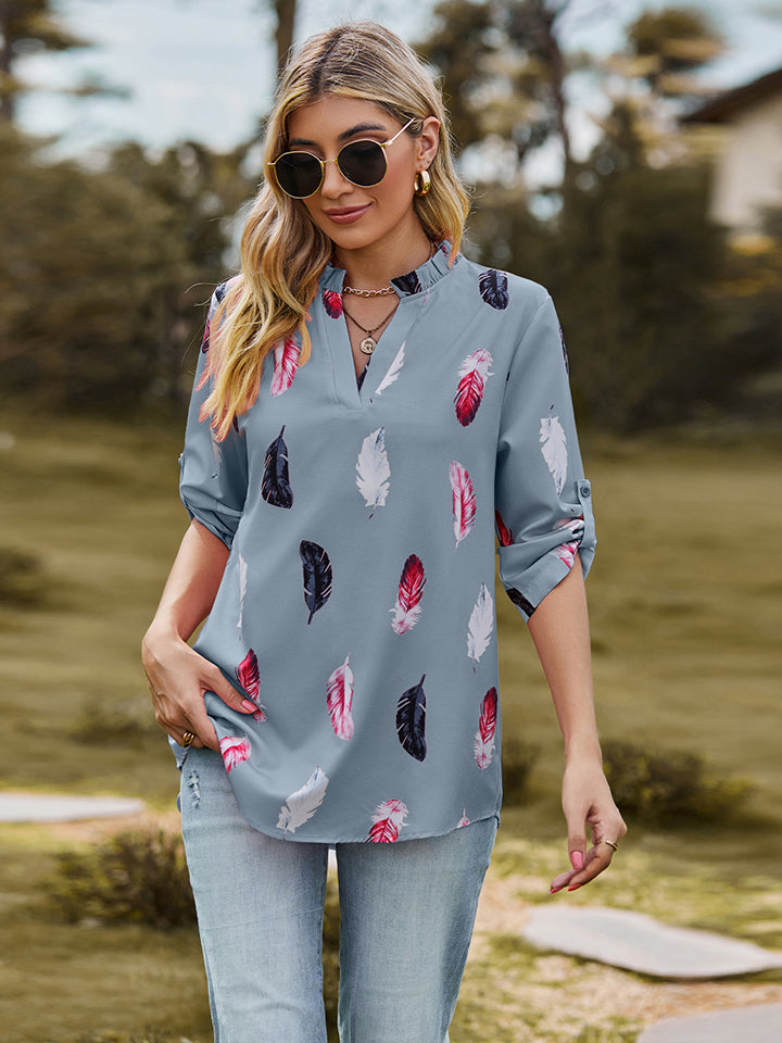 Printed Roll-Tab Sleeve Notched Neck Blouse - Women’s Clothing & Accessories - Shirts & Tops - 7 - 2024