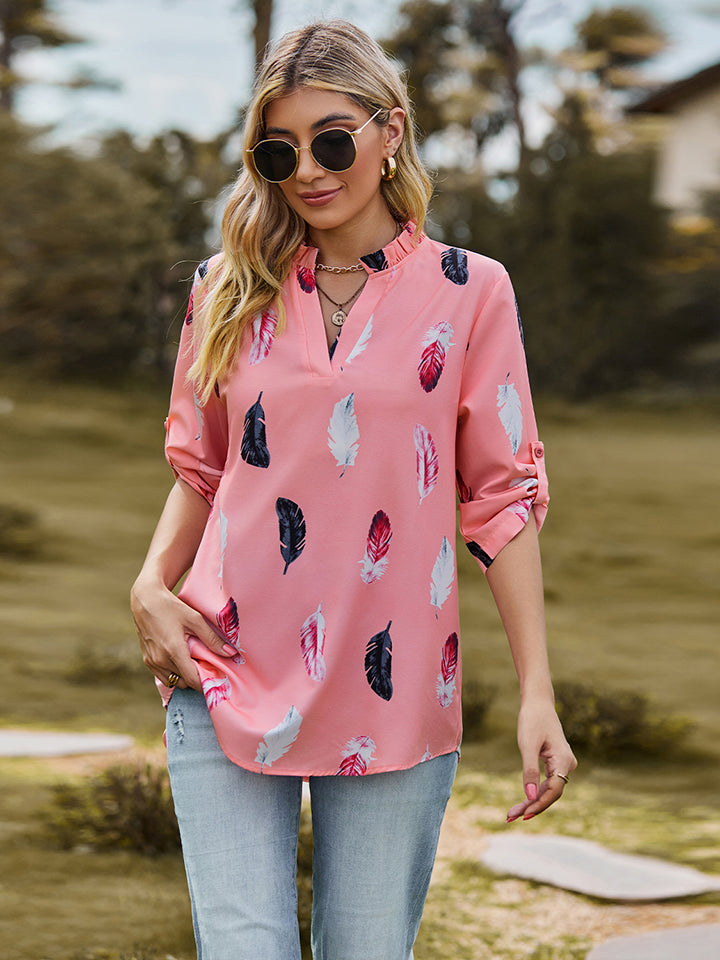 Printed Roll-Tab Sleeve Notched Neck Blouse - Women’s Clothing & Accessories - Shirts & Tops - 3 - 2024