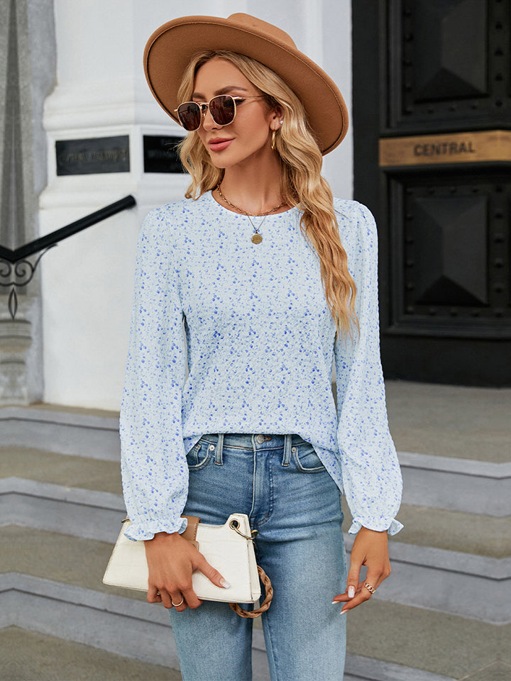 Printed Round Neck Flounce Sleeve Blouse - Blue / S - Women’s Clothing & Accessories - Shirts & Tops - 1 - 2024