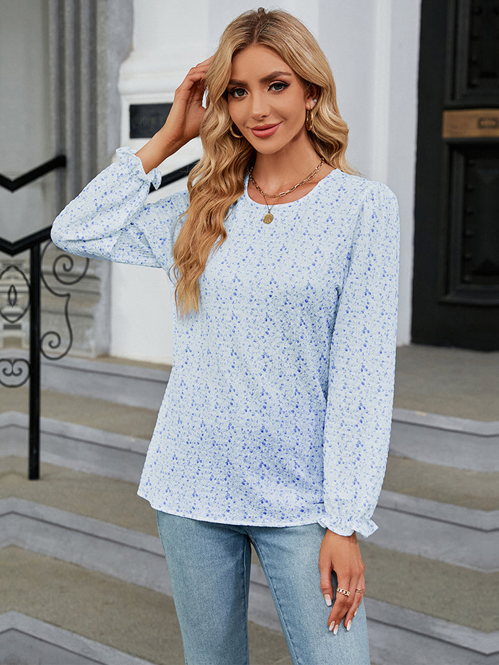 Printed Round Neck Flounce Sleeve Blouse - Women’s Clothing & Accessories - Shirts & Tops - 4 - 2024