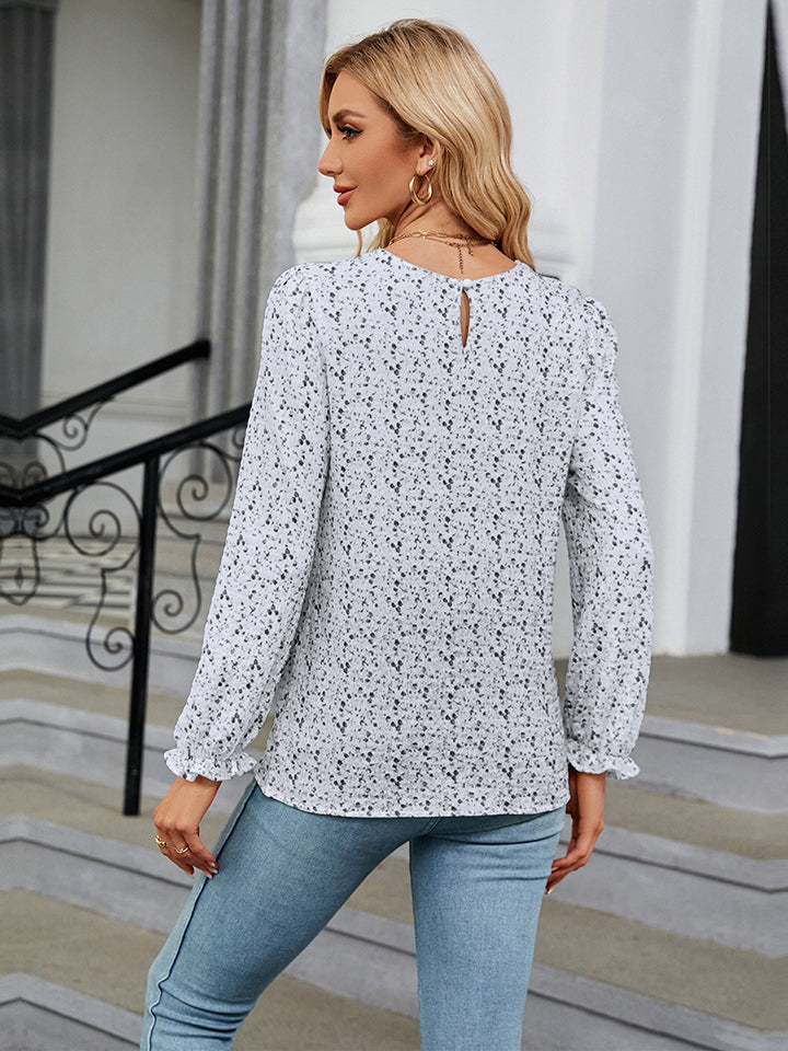 Printed Round Neck Flounce Sleeve Blouse - Women’s Clothing & Accessories - Shirts & Tops - 12 - 2024