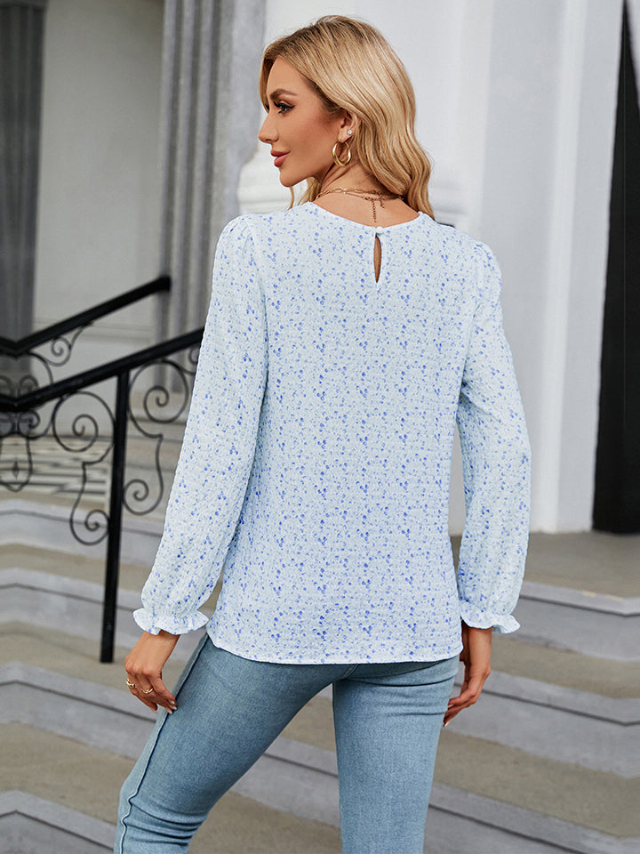 Printed Round Neck Flounce Sleeve Blouse - Women’s Clothing & Accessories - Shirts & Tops - 2 - 2024