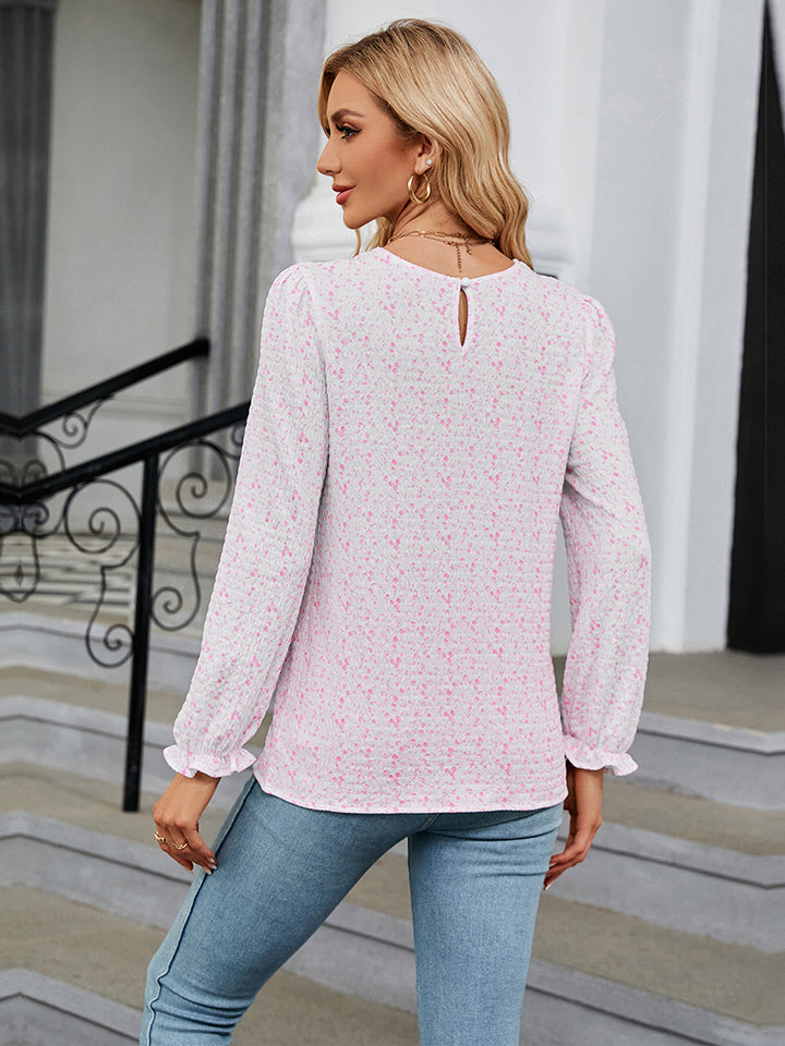 Printed Round Neck Flounce Sleeve Blouse - Women’s Clothing & Accessories - Shirts & Tops - 8 - 2024