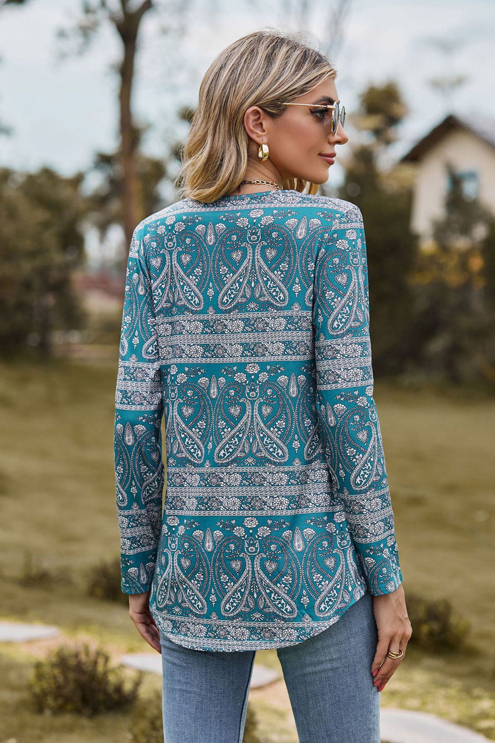 Printed Square Neck Long Sleeve Blouse - Women’s Clothing & Accessories - Shirts & Tops - 2 - 2024
