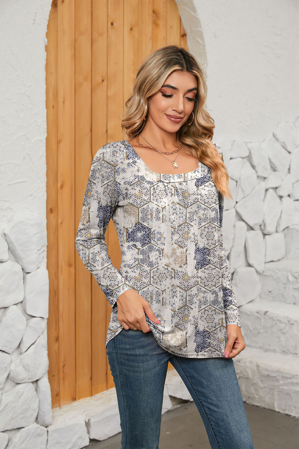 Printed Square Neck Long Sleeve Blouse - Women’s Clothing & Accessories - Shirts & Tops - 14 - 2024